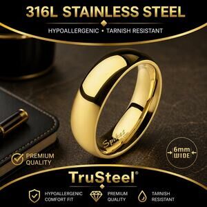 Women’s Polished Gold Wedding Band 316L Stainless Steel 6mm width ring Size 7
